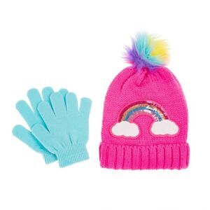 Kids Pink Rainbow Knit Hat and Gloves Set